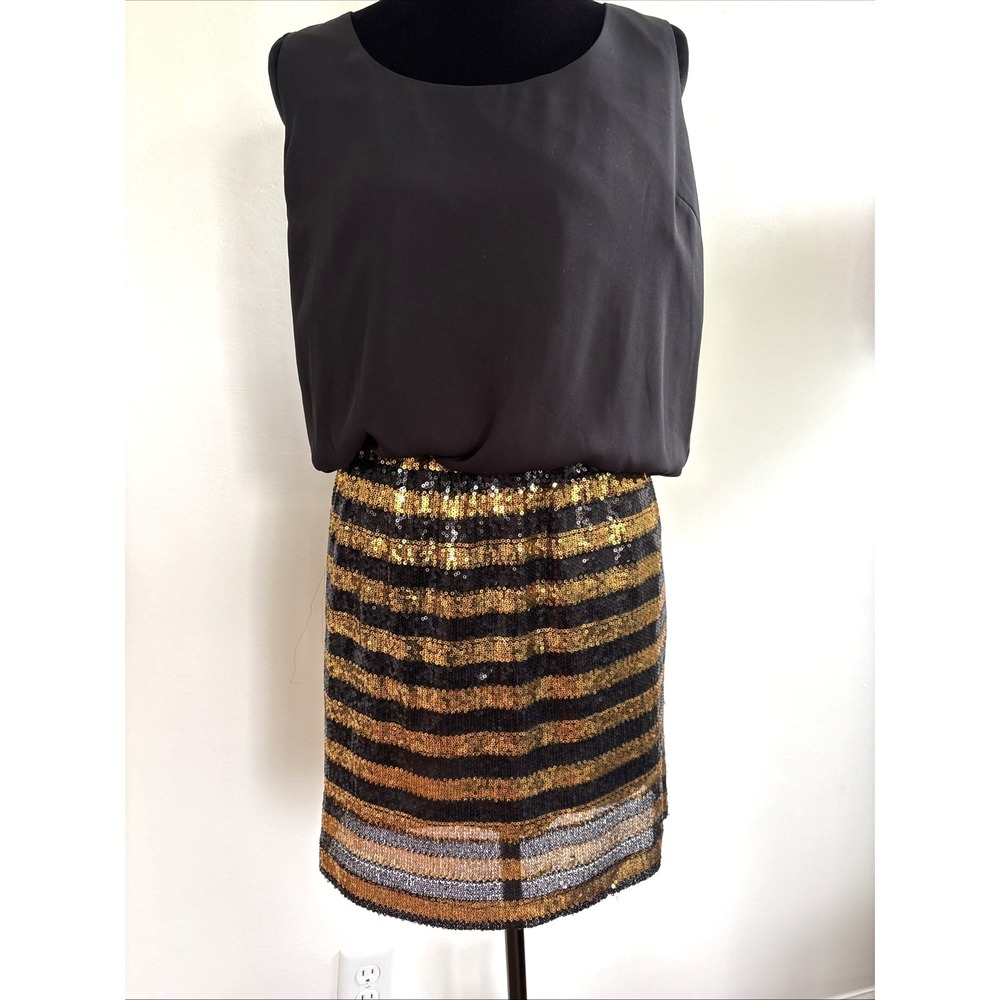 Gianni Bini Black Gold‎ Sequin Striped Sleeveless Party Dress Sz M Holiday Night